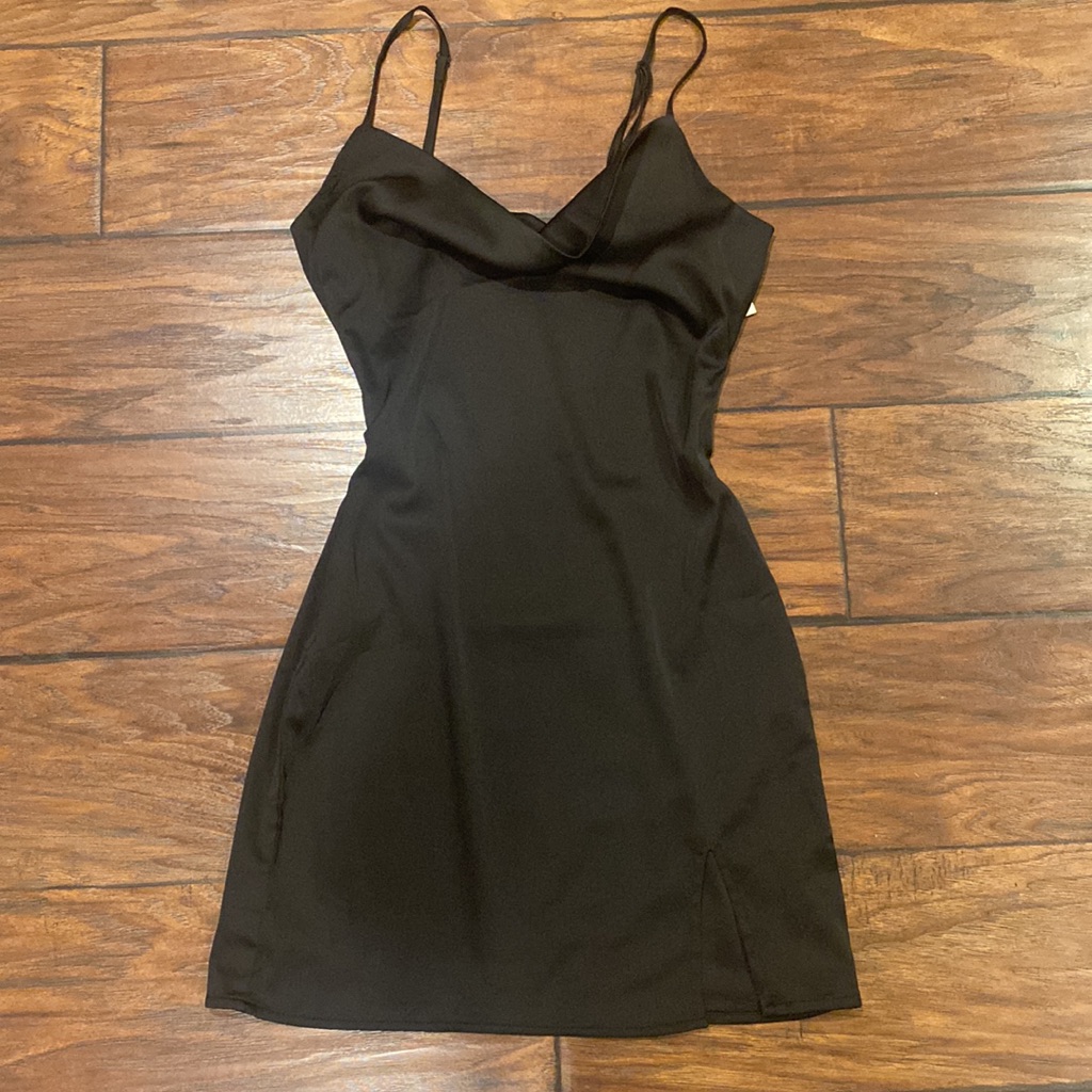 Black Satin Cowl Neck Mini Dress